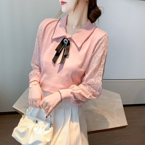 2021 Autumn and Winter New Knit Sweater  Bow Stitching Lace Bottoming Shirt Lady Aesthetic