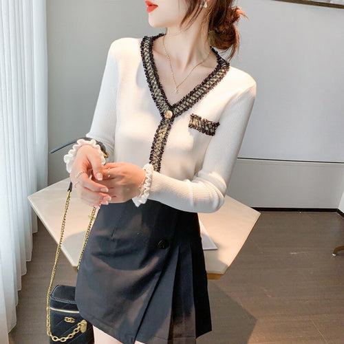 2021 Autumn and Winter New Korean Version of Small Fragrance Knit Sweater V-neck Women's Sweater Bottoming Shirt Top