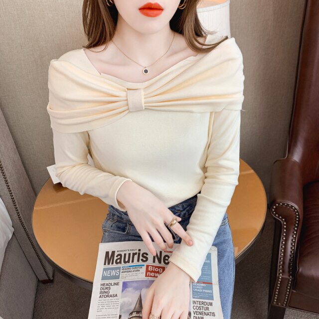 2021 Autumn and Winter New Korean Version of The Thin Design Bottoming Shirt Women's T-shirt One Word Collar Tops