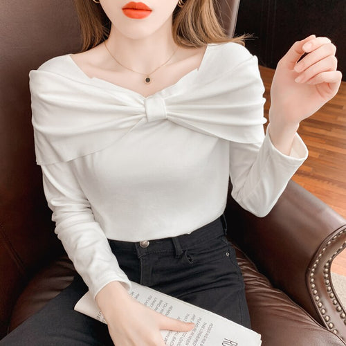 2021 Autumn and Winter New Korean Version of The Thin Design Bottoming Shirt Women's T-shirt One Word Collar Tops