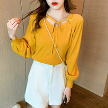 Load image into Gallery viewer, 2021 Autumn and Winter New Style Lantern Sleeve Good Quality Women&#39;s Sweater Knit Sweater Bow Tie Bottoming Shirt