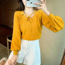 Load image into Gallery viewer, 2021 Autumn and Winter New Style Lantern Sleeve Good Quality Women&#39;s Sweater Knit Sweater Bow Tie Bottoming Shirt