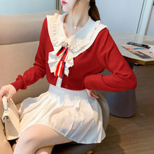 Load image into Gallery viewer, 2021 Autumn and Winter New Style Small Fragrant Wind Ruffled Bow Women&#39;s Sweater Knit Sweater Top Shu Korean Version