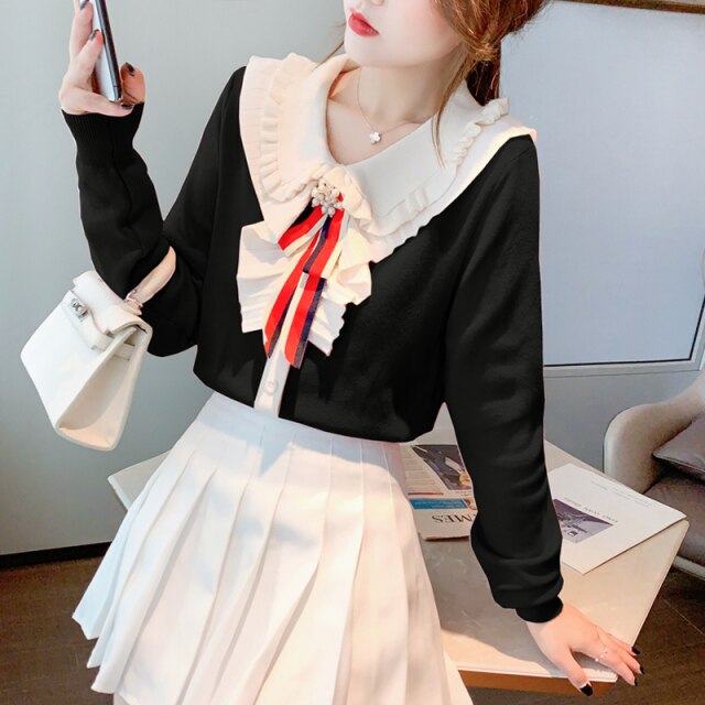 2021 Autumn and Winter New Style Small Fragrant Wind Ruffled Bow Women's Sweater Knit Sweater Top Shu Korean Version