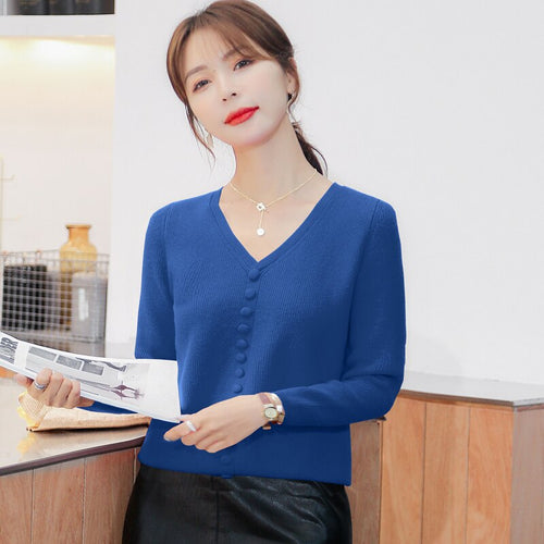 2021 Autumn and Winter New V-neck Sweater Pullover Solid Color Bottoming Shirt Knit Sweater Top Temperament Lady
