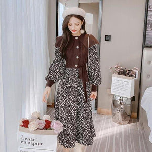 2021 Autumn and Winter Vintage Knitted Patchwork Floral Print Midi Dress Women Long Sleeve O-Neck Button High Waist Female Dress
