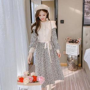 2021 Autumn and Winter Vintage Knitted Patchwork Floral Print Midi Dress Women Long Sleeve O-Neck Button High Waist Female Dress