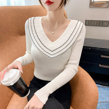 Load image into Gallery viewer, 2021 Autumn/winter New Style Net Yarn Wood Ears V-neck Sweater Long-sleeved Women&#39;s Slim Bottoming Shirt with Top