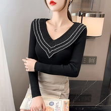 Load image into Gallery viewer, 2021 Autumn/winter New Style Net Yarn Wood Ears V-neck Sweater Long-sleeved Women&#39;s Slim Bottoming Shirt with Top