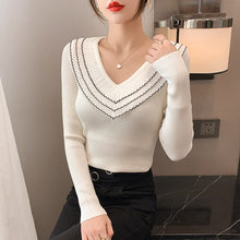 Load image into Gallery viewer, 2021 Autumn/winter New Style Net Yarn Wood Ears V-neck Sweater Long-sleeved Women&#39;s Slim Bottoming Shirt with Top