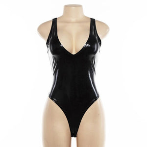 2021 Black PU Leather Women Bodysuit Sleeveless Sexy Bodycon Top Female Party Clubwear V Neck Strapless Bodysuits Gothic