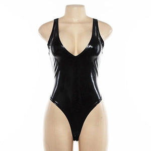 2021 Black PU Leather Women Bodysuit Sleeveless Sexy Bodycon Top Female Party Clubwear V Neck Strapless Bodysuits Gothic