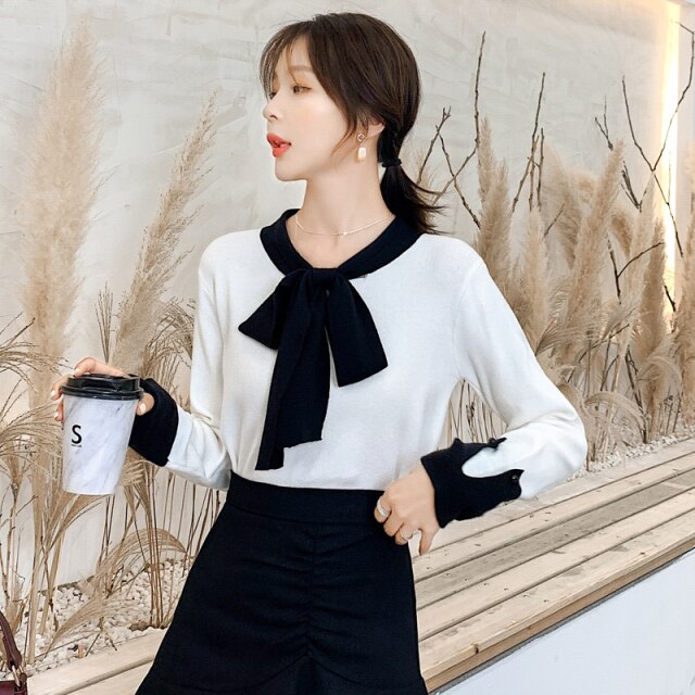 2021 Bow Tie Korean Style Autumn Knit Aesthetic Sweater  Bottoming Shirt Top Women