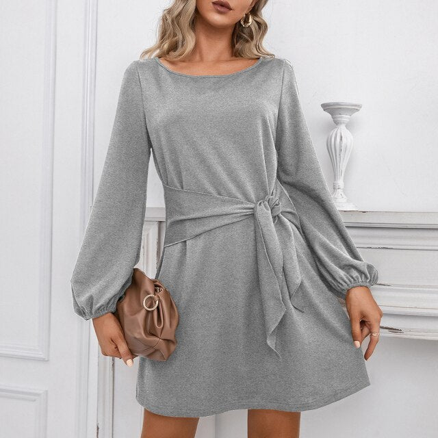 2021 Casual A Line Women Dress Spring Summer Solid Elegant Vintage O Neck Lantern Long Sleeve Mini Dress Tie Waist Design Robe