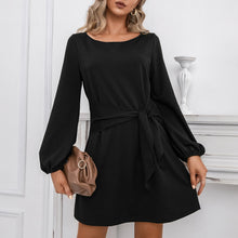 Load image into Gallery viewer, 2021 Casual A Line Women Dress Spring Summer Solid Elegant Vintage O Neck Lantern Long Sleeve Mini Dress Tie Waist Design Robe