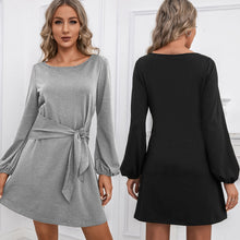 Load image into Gallery viewer, 2021 Casual A Line Women Dress Spring Summer Solid Elegant Vintage O Neck Lantern Long Sleeve Mini Dress Tie Waist Design Robe