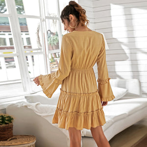 2021 Casual Ruffles Women's Dress Girl Sweet Solid V Neck Mini Dress Spring Summer Flared Long Sleeves Elegant Party Dresses