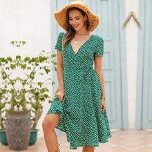 Load image into Gallery viewer, 2021 Chiffon Womens V Neck Polka Dot Sexy Dress Short Sleeve Summer Dresses with Belt