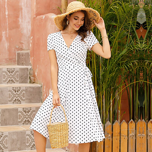 2021 Chiffon Womens V Neck Polka Dot Sexy Dress Short Sleeve Summer Dresses with Belt