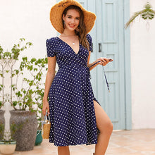Load image into Gallery viewer, 2021 Chiffon Womens V Neck Polka Dot Sexy Dress Short Sleeve Summer Dresses with Belt