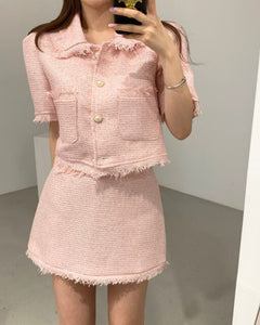 2021 Elegant 2 Piece Sets Vintage Fashion Tweed Single-Breasted Tassel Crop Top + High Waist A-line Mini Skirts Women Clothes
