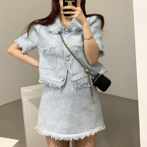 2021 Elegant 2 Piece Sets Vintage Fashion Tweed Single-Breasted Tassel Crop Top + High Waist A-line Mini Skirts Women Clothes