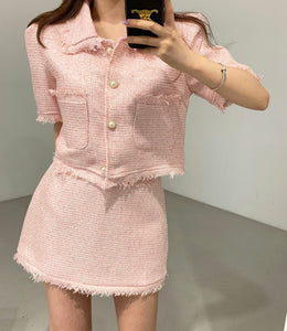2021 Elegant 2 Piece Sets Vintage Fashion Tweed Single-Breasted Tassel Crop Top + High Waist A-line Mini Skirts Women Clothes