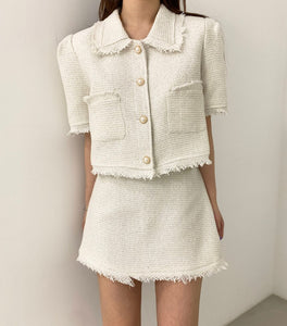 2021 Elegant 2 Piece Sets Vintage Fashion Tweed Single-Breasted Tassel Crop Top + High Waist A-line Mini Skirts Women Clothes