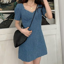Load image into Gallery viewer, 2021 Elegant Denim Dresses Women Blue Puff Sleeve V-Neck Summer Robe Solid High Waist Korean Chain A-Line Mini Vestidos Fashion