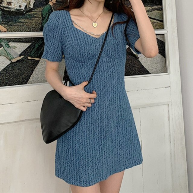 2021 Elegant Denim Dresses Women Blue Puff Sleeve V-Neck Summer Robe Solid High Waist Korean Chain A-Line Mini Vestidos Fashion