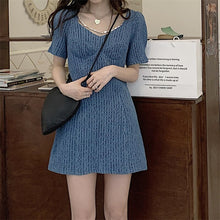 Load image into Gallery viewer, 2021 Elegant Denim Dresses Women Blue Puff Sleeve V-Neck Summer Robe Solid High Waist Korean Chain A-Line Mini Vestidos Fashion