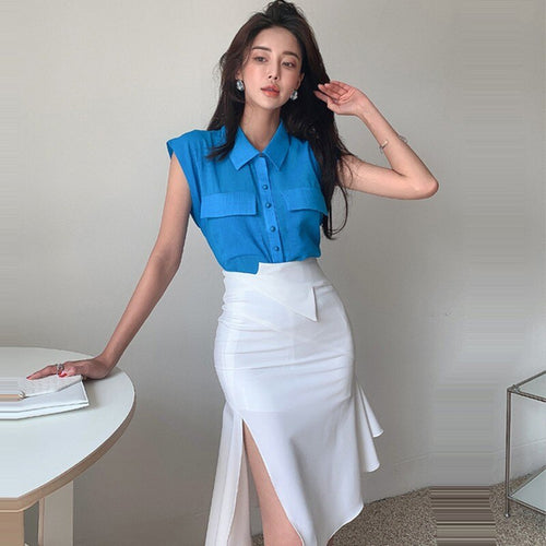 2021 Elegant Women Office OL Lapel Sleeveless Shirt Top + High Waist White Split Bodycon Mermaid Skirts Suit Female 2 Piece Set