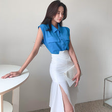 Load image into Gallery viewer, 2021 Elegant Women Office OL Lapel Sleeveless Shirt Top + High Waist White Split Bodycon Mermaid Skirts Suit Female 2 Piece Set