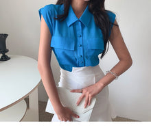 Load image into Gallery viewer, 2021 Elegant Women Office OL Lapel Sleeveless Shirt Top + High Waist White Split Bodycon Mermaid Skirts Suit Female 2 Piece Set