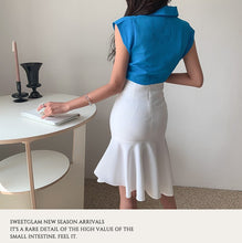 Load image into Gallery viewer, 2021 Elegant Women Office OL Lapel Sleeveless Shirt Top + High Waist White Split Bodycon Mermaid Skirts Suit Female 2 Piece Set