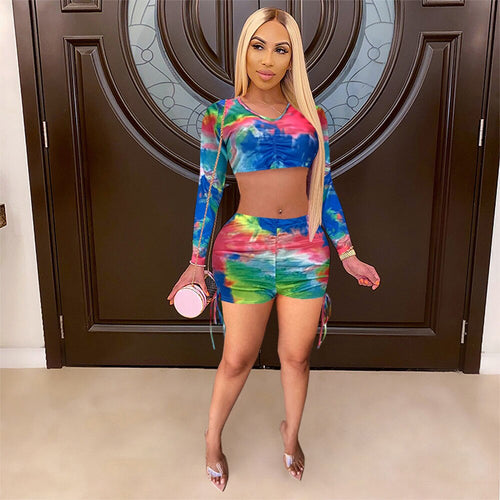 2021 European And American Fashion Women'S Spring And Summer New Sexy Tie-Dye Print Drawstring Two-Piece Set