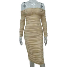 Load image into Gallery viewer, 2021 European and American new trend solid color sexy slim party long sleeve shoulder pleated early spring dress