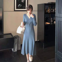 Load image into Gallery viewer, 2021 Fall Winter Midi Dress Korean Fashion Elegant V-Neck Outer Wear Sweater Knitted Dress Festival Clothing Robe Rouge Vestidos
