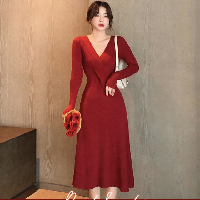 2021 Fall Winter Midi Dress Korean Fashion Elegant V-Neck Outer Wear Sweater Knitted Dress Festival Clothing Robe Rouge Vestidos
