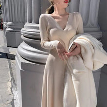 Load image into Gallery viewer, 2021 Fall Winter Midi Dress Korean Fashion Elegant V-Neck Outer Wear Sweater Knitted Dress Festival Clothing Robe Rouge Vestidos