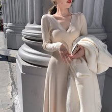 Load image into Gallery viewer, 2021 Fall Winter Midi Dress Korean Fashion Elegant V-Neck Outer Wear Sweater Knitted Dress Festival Clothing Robe Rouge Vestidos