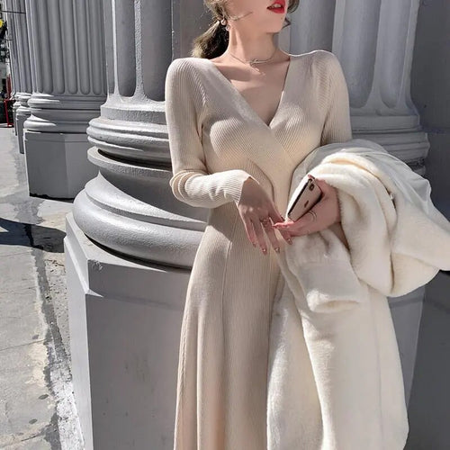 2021 Fall Winter Midi Dress Korean Fashion Elegant V-Neck Outer Wear Sweater Knitted Dress Festival Clothing Robe Rouge Vestidos