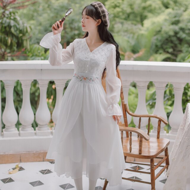 2021 Fall Women V-neck Slim High Waist Embroidered White Dresses Robe Female Trumpet Sleeve Irregular Design Chiffon Fairy Dress