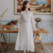 Load image into Gallery viewer, 2021 Fall Women V-neck Slim High Waist Embroidered White Dresses Robe Female Trumpet Sleeve Irregular Design Chiffon Fairy Dress