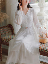 Load image into Gallery viewer, 2021 Fall Women V-neck Slim High Waist Embroidered White Dresses Robe Female Trumpet Sleeve Irregular Design Chiffon Fairy Dress