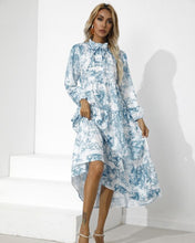 Load image into Gallery viewer, 2021 Fall Women&#39;s Round Neck Printed Loose Nine Points Sleeve Dress Fashion Ruffle Stitching Big Swing Maxi Dresses Robe Femme