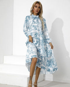 2021 Fall Women's Round Neck Printed Loose Nine Points Sleeve Dress Fashion Ruffle Stitching Big Swing Maxi Dresses Robe Femme