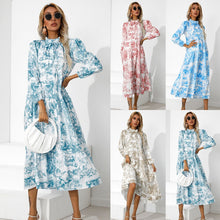 Load image into Gallery viewer, 2021 Fall Women&#39;s Round Neck Printed Loose Nine Points Sleeve Dress Fashion Ruffle Stitching Big Swing Maxi Dresses Robe Femme