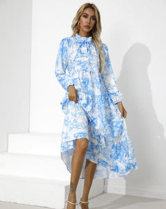 2021 Fall Women's Round Neck Printed Loose Nine Points Sleeve Dress Fashion Ruffle Stitching Big Swing Maxi Dresses Robe Femme