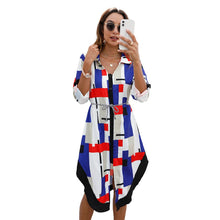 Load image into Gallery viewer, 2021 Fall Women&#39;s Single-breasted Lapel Long Sleeve Dress Striped Geometric Print Irregular Knee-Length Shirt Dresses Vestidos